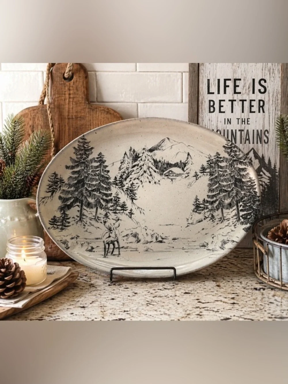 Pottery Barn Rustic Forest Winter Deer Scene Serving Platter NEW